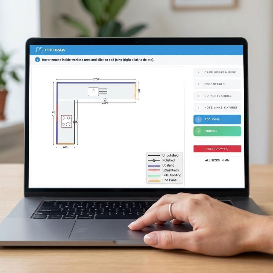 Website visitor drawing their kitchen worktop layout with measurements using TopDraw